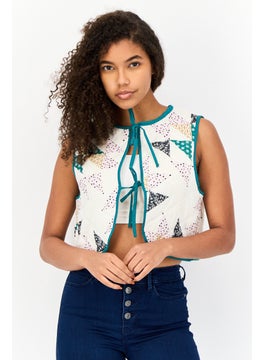 Women Tie Neck Sleeveless Allover Print Tank Top, Off White