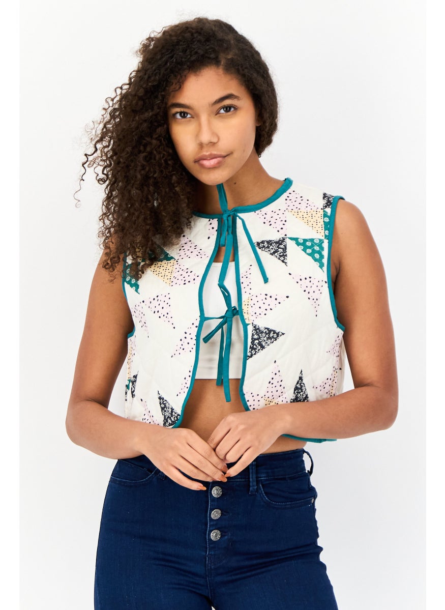 Reclaimed Vintage - Women Tie Neck Sleeveless Allover Print Tank Top, Off White - Image 1