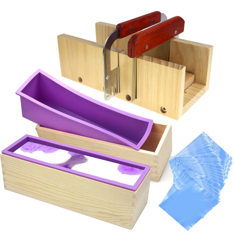 Voulosimi Silicone Soap Mold  Soap Making Cutting Mold Soap Cutter with Wavy Cutter  Straight Slicer and 100 Pcs 6 x 6 inch Shrink Wrap Bags