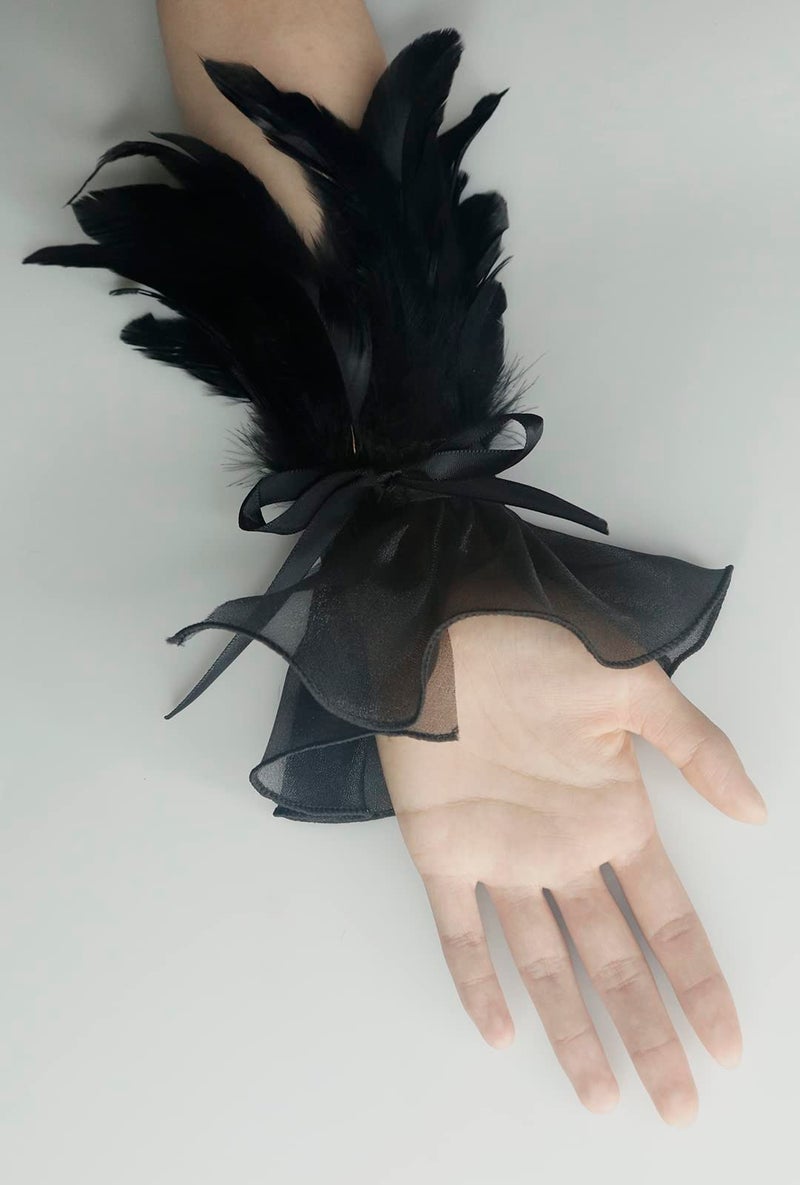 UQJE 2 Pcs Women's Black Feather Gloves Gothic Lace Long Gloves Cuff Witch Angel Costume Accessories for Wedding Halloween Party - Image 5