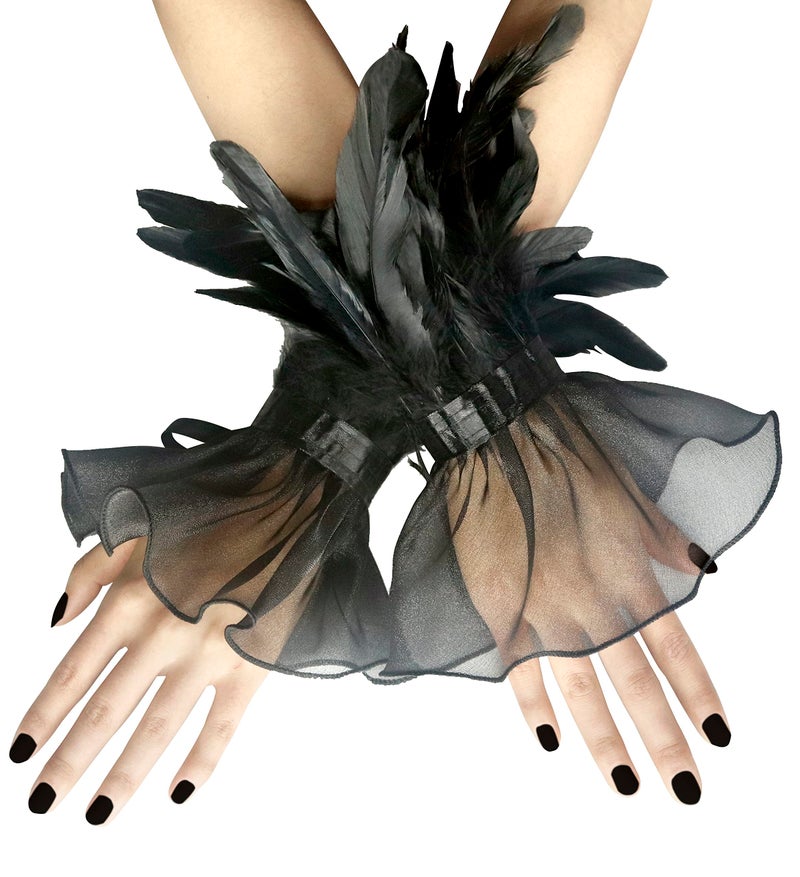 UQJE 2 Pcs Women's Black Feather Gloves Gothic Lace Long Gloves Cuff Witch Angel Costume Accessories for Wedding Halloween Party - Image 1