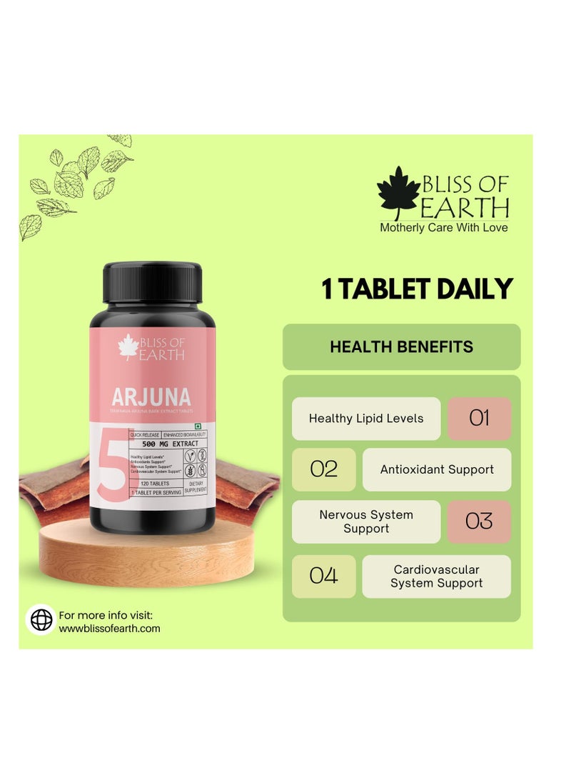 BLISS OF EARTH Bliss of Earth High Potency Terminalia Arjuna Bark Extract Tablets 500mg With Quick Release Enhanced Bioavailability For Heart Health Arjun Chhal Tablets 60 Tablets  - Image 5