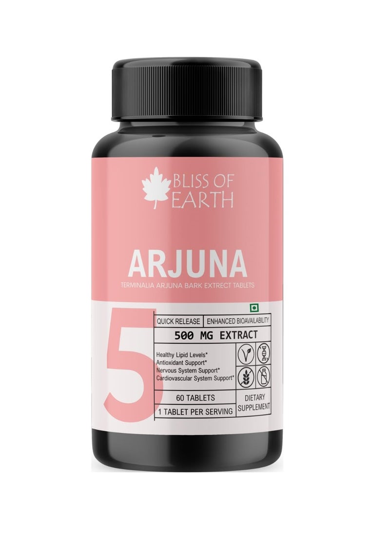BLISS OF EARTH Bliss of Earth High Potency Terminalia Arjuna Bark Extract Tablets 500mg With Quick Release Enhanced Bioavailability For Heart Health Arjun Chhal Tablets 60 Tablets  - Image 1