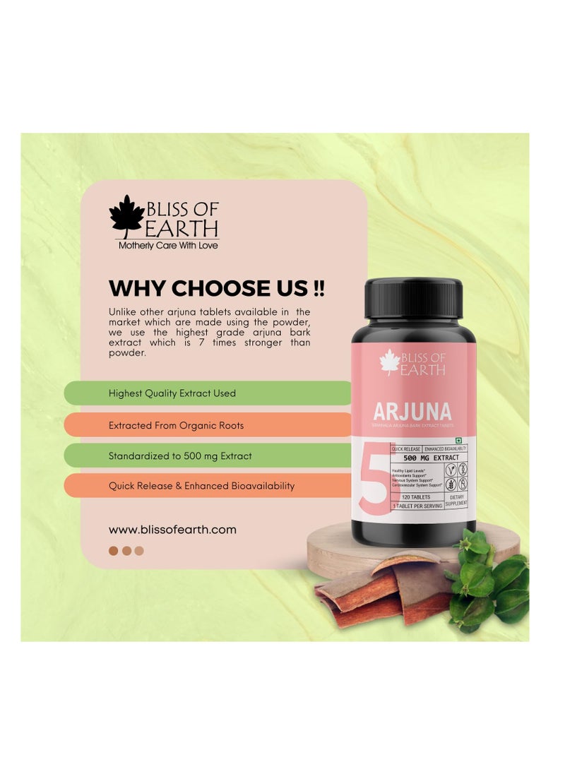 BLISS OF EARTH Bliss of Earth High Potency Terminalia Arjuna Bark Extract Tablets 500mg With Quick Release Enhanced Bioavailability For Heart Health Arjun Chhal Tablets 60 Tablets  - Image 3