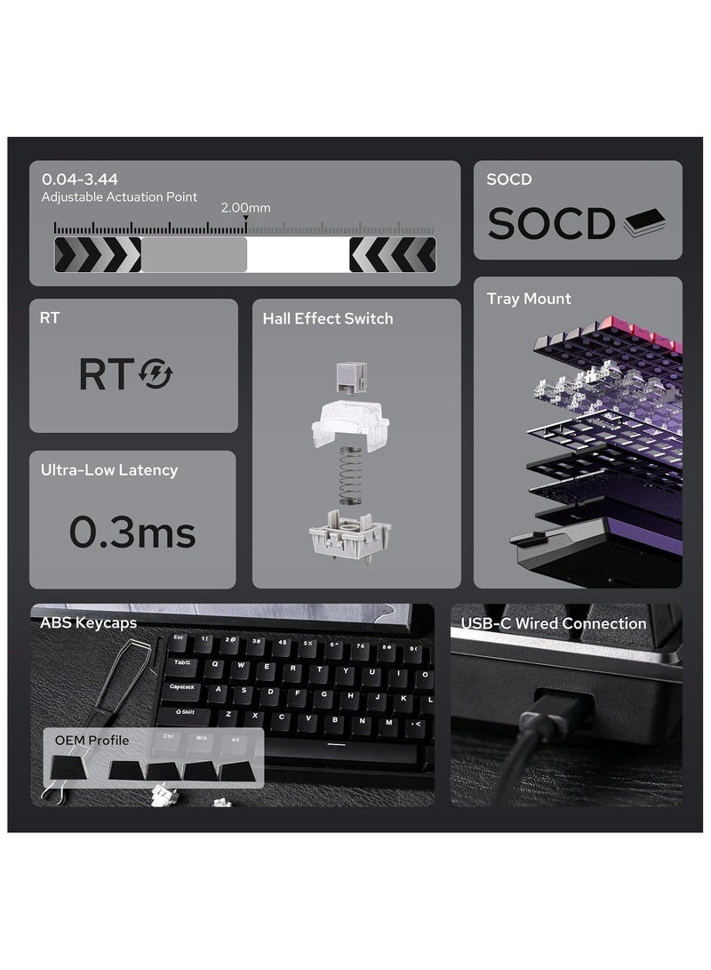 Aula WIN60 HE 60% Wired Magnetic Keyboard with Adjustable Actuation, 8000 Hz Polling Rate, Hall Effect Switches, Hot-Swap, for FPS Games (Black)