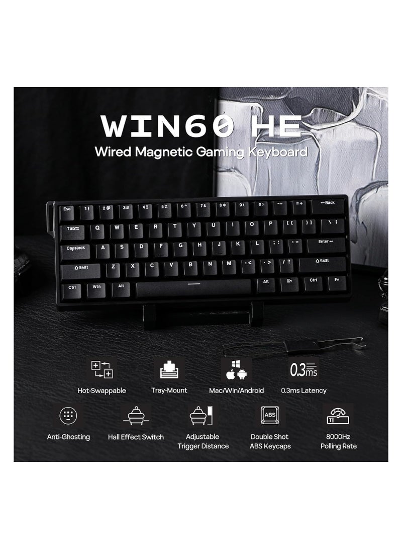 Aula WIN60 HE 60% Wired Magnetic Keyboard with Adjustable Actuation, 8000 Hz Polling Rate, Hall Effect Switches, Hot-Swap, for FPS Games (Black)
