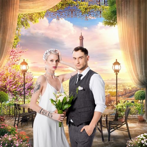 Baocicco 8x8ft Paris Panorama Effel Tower Garden Backdrop Vinyl Photography Background High Platform Sunset Glow Landscape Flower Bouquet Old Lantern - Image 5