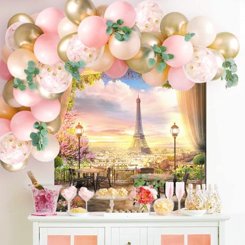 Baocicco 8x8ft Paris Panorama Effel Tower Garden Backdrop Vinyl Photography Background High Platform Sunset Glow Landscape Flower Bouquet Old Lantern - Image 4