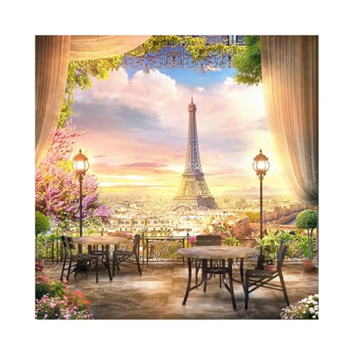 Baocicco 8x8ft Paris Panorama Effel Tower Garden Backdrop Vinyl Photography Background High Platform Sunset Glow Landscape Flower Bouquet Old Lantern - Image 1