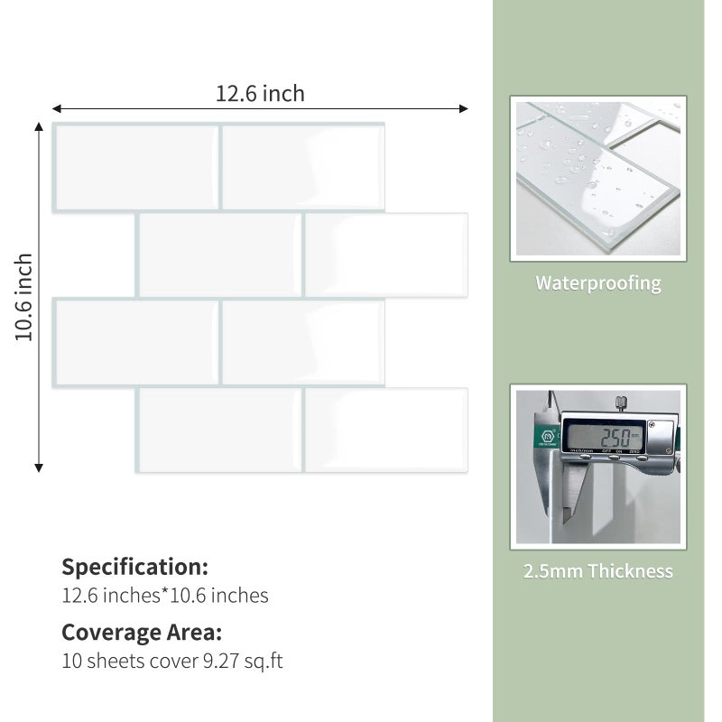 MOONFUN 10-Sheet Thick Peel and Stick Kitchen Backsplash Tiles,3D Subway Waterproof Self-Adhesive Wall Tile Stick on Backsplash for Kitchen and Bathroom(White Blue Grout, 12.6"Ã—10.6") - Image 3