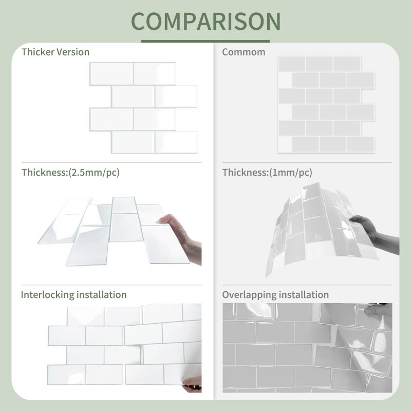 MOONFUN 10-Sheet Thick Peel and Stick Kitchen Backsplash Tiles,3D Subway Waterproof Self-Adhesive Wall Tile Stick on Backsplash for Kitchen and Bathroom(White Blue Grout, 12.6"Ã—10.6") - Image 4