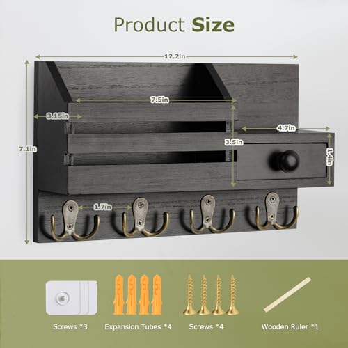 HOMEBROS Key Holder Wall Mount, Wooden Adhesive Mail and Key Organizer with Drawer, Small Shelf, 8 Hooks, 2 Installation Methods, Black - Image 5