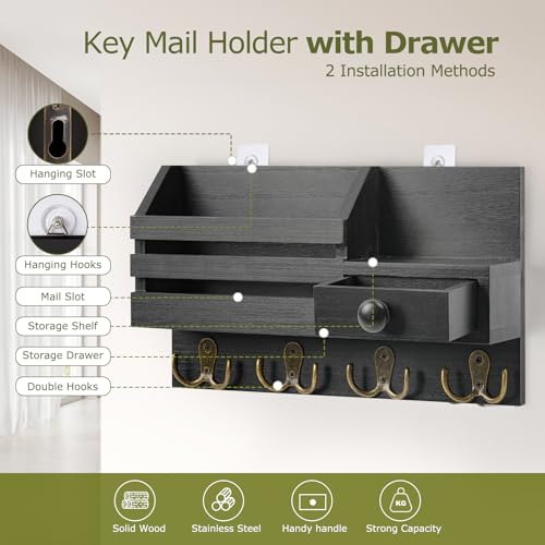 HOMEBROS Key Holder Wall Mount, Wooden Adhesive Mail and Key Organizer with Drawer, Small Shelf, 8 Hooks, 2 Installation Methods, Black - Image 3