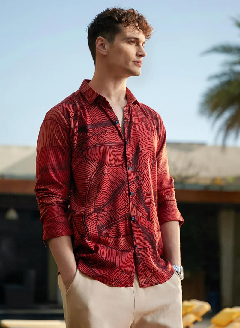 Campus Sutra Men's Burnt Sienna Foliage-Outline Shirt