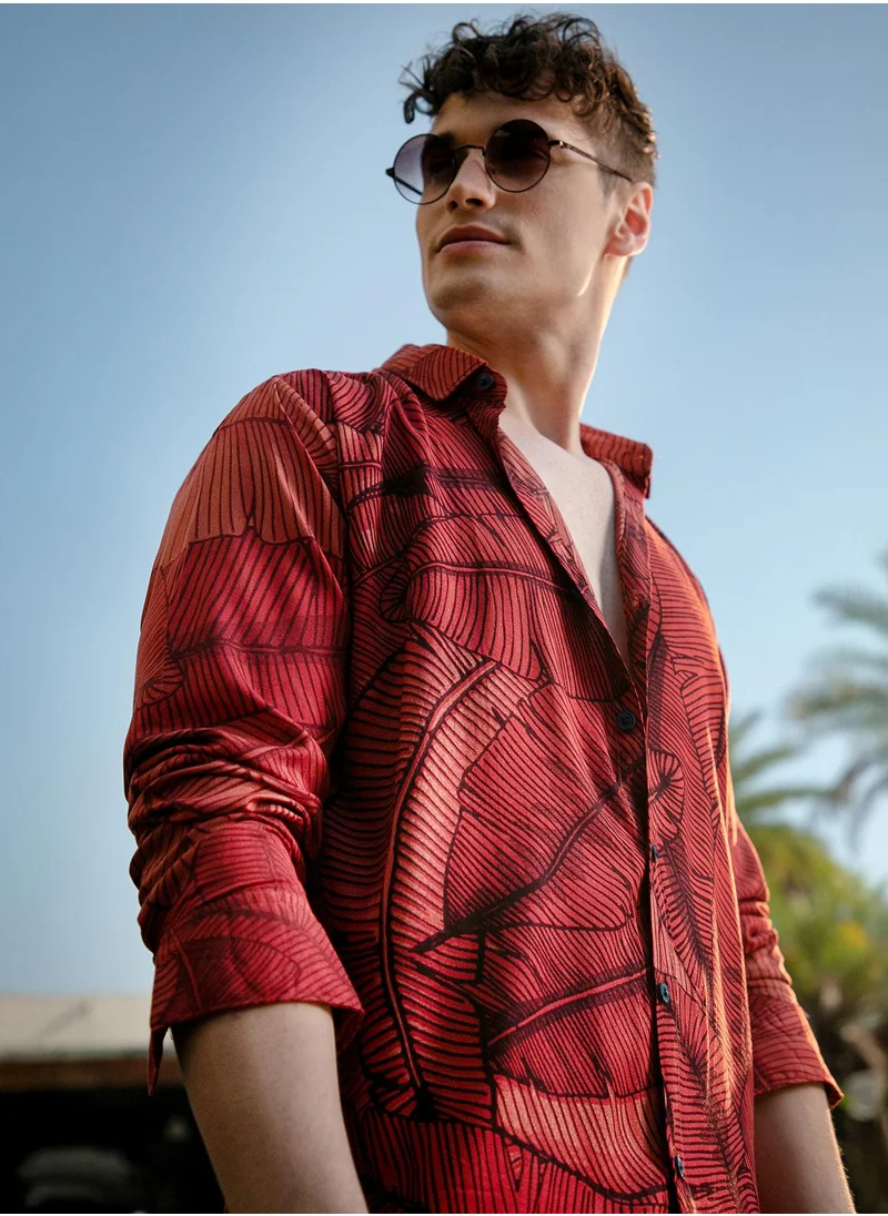 Campus Sutra Men's Burnt Sienna Foliage-Outline Shirt