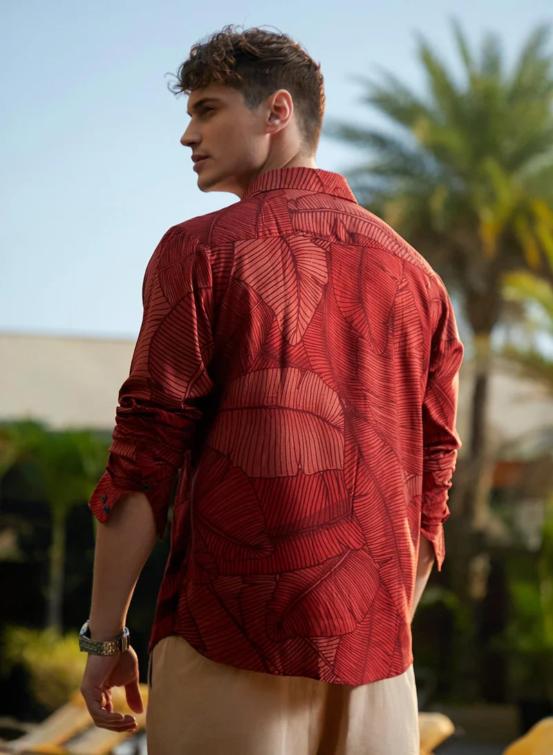 Campus Sutra Men's Burnt Sienna Foliage-Outline Shirt