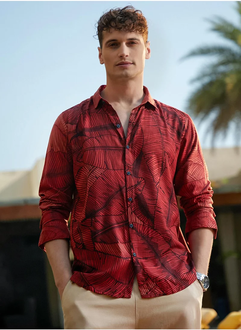 Campus Sutra Men's Burnt Sienna Foliage-Outline Shirt