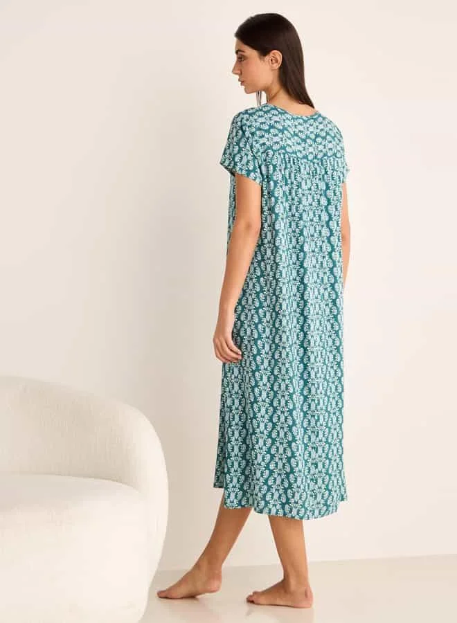 سبلاش فيڤ All-Over Print Night Dress with Round Neck and Short Sleeves