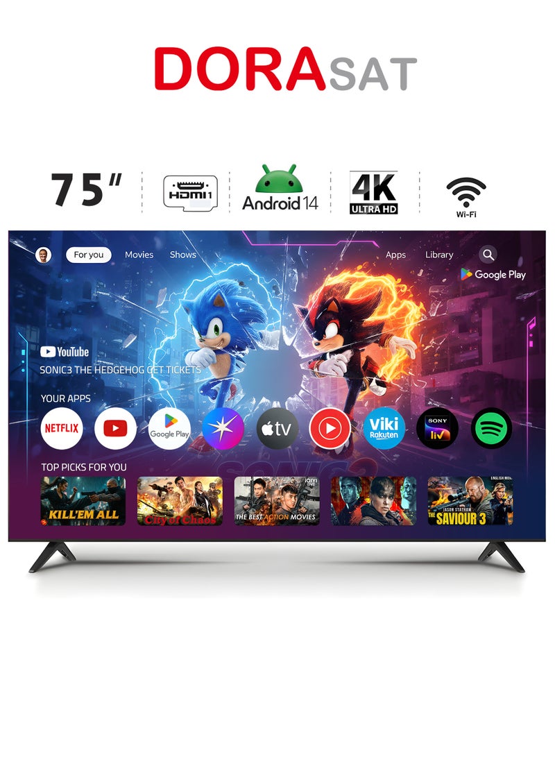Dora Sat Smart Screen - Android 14 - 75 inch - 4k UHD - LED - Free Wall Mount - DST75U - Image 1
