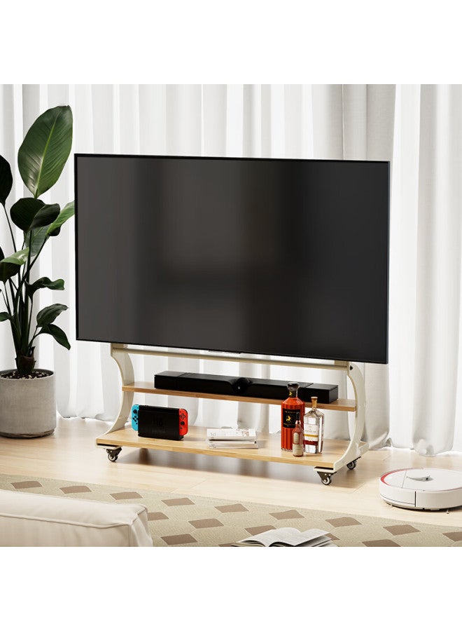 Cabte 50-120 Inch Tv Mobile Cart, Tv Stand, Solid Wood Tv Trolley, Artistic Tv Cart, Universal Tv Push Cart, Art Cart, 75/85/98/100 Oak White