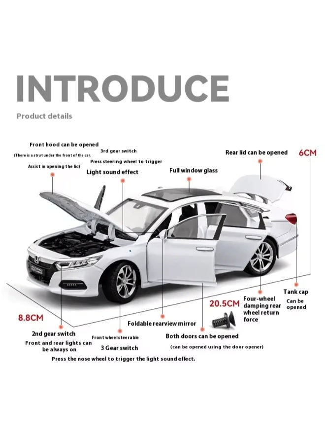 حديقة الألعاب محاكاة سيارة هوندا أكورد مصبوبة بمقياس 1:24 - لعبة نموذجية من سبائك معدنية مزودة بصوت وإضاءة، وخاصية السحب للخلف، هدية تذكارية للأطفال - Image 2
