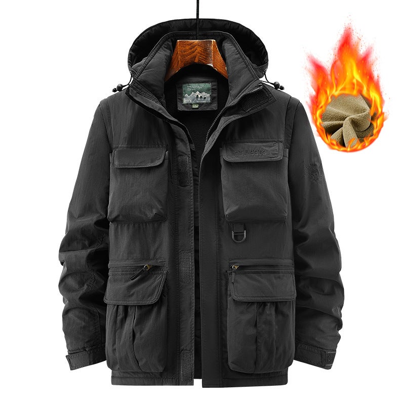 Men'S Fleece-Lined Padded Cotton-Padded Jacket New Lamb Wool Lapel Coat Multi-Pocket Motorcycle Leather Thick Tide - Image 5