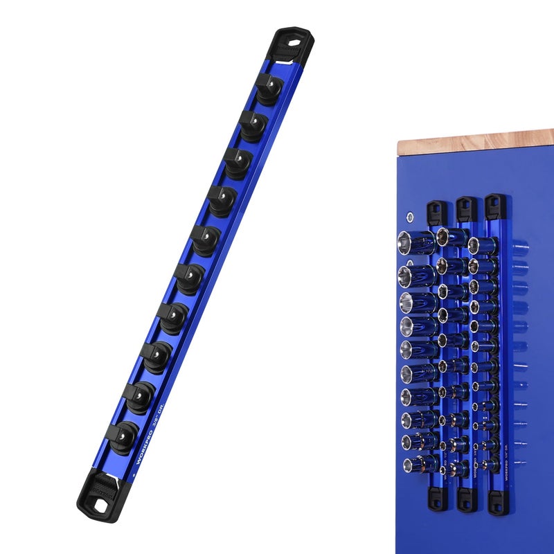 WORKPRO Magnetic Socket Organizer, 3/8" Drive Aluminum Alloy Socket Holder with 10PC Removable Socket Clips for Quick Customization, Socket Rail for Tool Box Drawer (Sockets Not Included) - Image 1