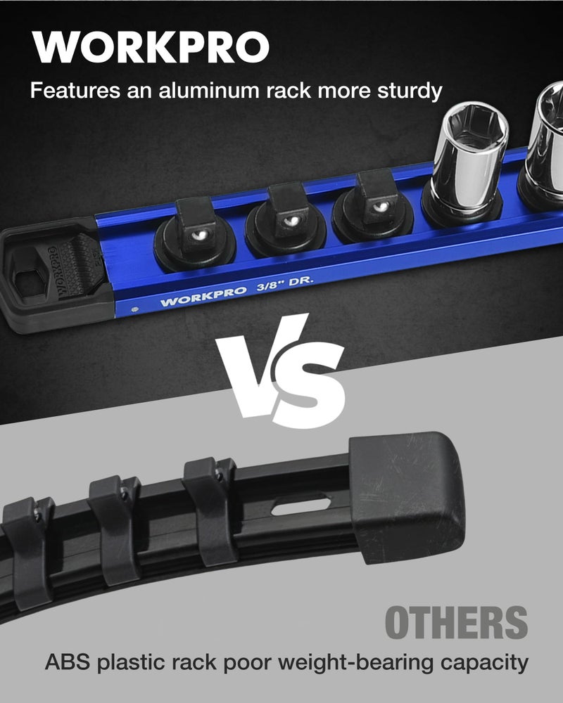 WORKPRO Magnetic Socket Organizer, 3/8" Drive Aluminum Alloy Socket Holder with 10PC Removable Socket Clips for Quick Customization, Socket Rail for Tool Box Drawer (Sockets Not Included) - Image 4