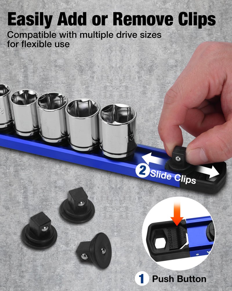 WORKPRO Magnetic Socket Organizer, 3/8" Drive Aluminum Alloy Socket Holder with 10PC Removable Socket Clips for Quick Customization, Socket Rail for Tool Box Drawer (Sockets Not Included) - Image 2