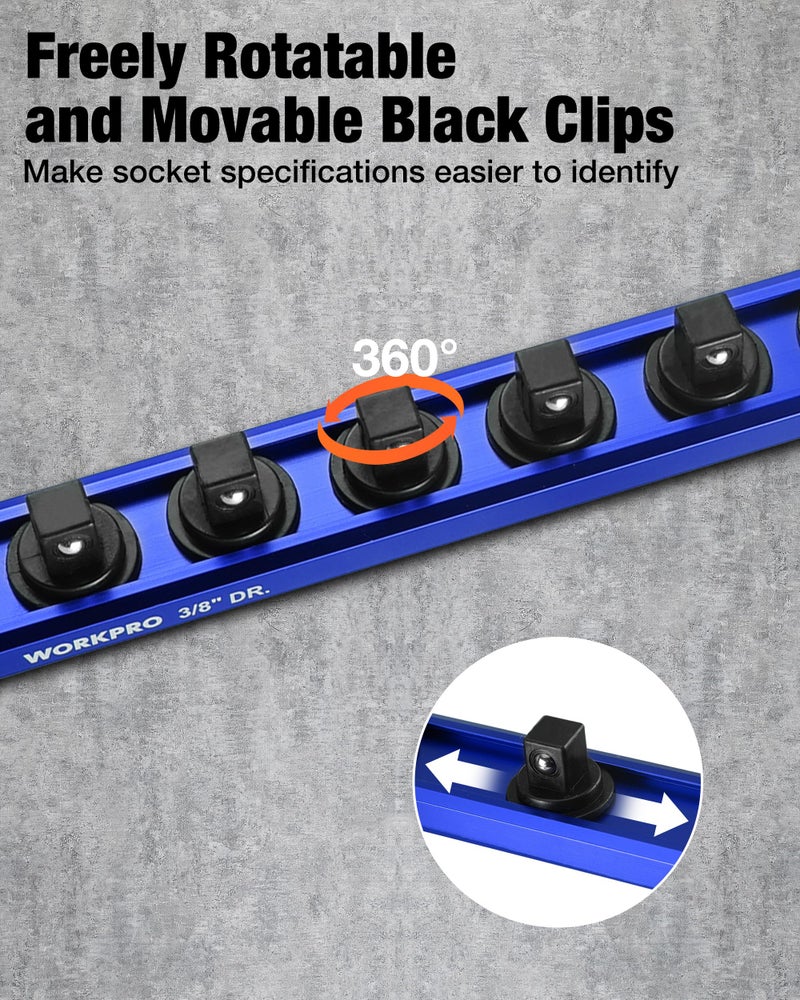 WORKPRO Magnetic Socket Organizer, 3/8" Drive Aluminum Alloy Socket Holder with 10PC Removable Socket Clips for Quick Customization, Socket Rail for Tool Box Drawer (Sockets Not Included) - Image 5