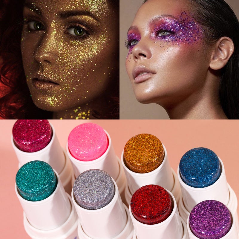Glitter Stick 8-Color Shimmer Makeup Stick - No Adhesive Required Long Lasting 12 Hours Skin-Friendly Washable Glitter Stick for Face Body Hair Parties Weddings Dates Everyday Makeup - Image 2