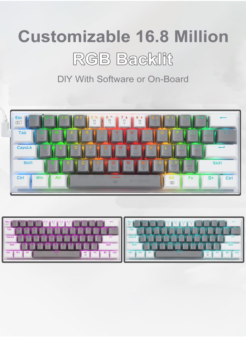 إي-يوسو - لوحة مفاتيح ميكانيكية ميكانيكية Z-11 60% سلكية RGB عربية وإنجليزية، لوحة مفاتيح ألعاب مدمجة ذات 61 مفتاحًا بمفاتيح تبديل خطية حمراء (رمادي أبيض) - Image 1