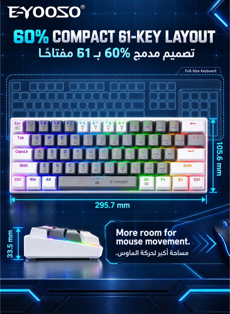 E-YOOSO Z-11 60% Wired RGB Arabic & English Mechanical Keyboard,61 Keys Compact Gaming Keyboard with Linear Red Switches (Grey White) - Image 4
