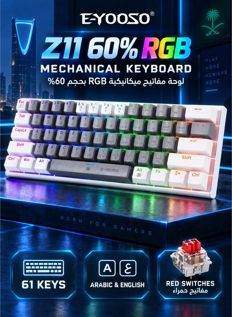E-YOOSO Z-11 60% Wired RGB Arabic & English Mechanical Keyboard,61 Keys Compact Gaming Keyboard with Linear Red Switches (Grey White) - Image 2