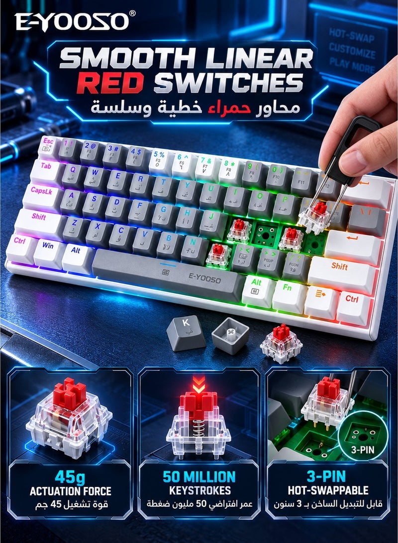 E-YOOSO Z-11 60% Wired RGB Arabic & English Mechanical Keyboard,61 Keys Compact Gaming Keyboard with Linear Red Switches (Grey White) - Image 5