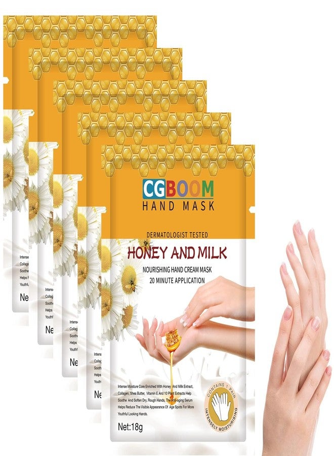 CGBOOM 5 Pairs Hand Masks Moisturizing Gloves, Hand Skin Repair Renew Mask Infused Collagen, Vitamins + Natural Plant Extracts for Dry, Aging, Cracked Hands (Honey and Milk) - Image 1