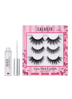 Calailis False Eyelash 3D Effect Faux Mink Fake False Eyelash Long Natural Eyelashes 3 Pairs With 5G False Eyelash Glue（Cs18-1） Black  - Image 1