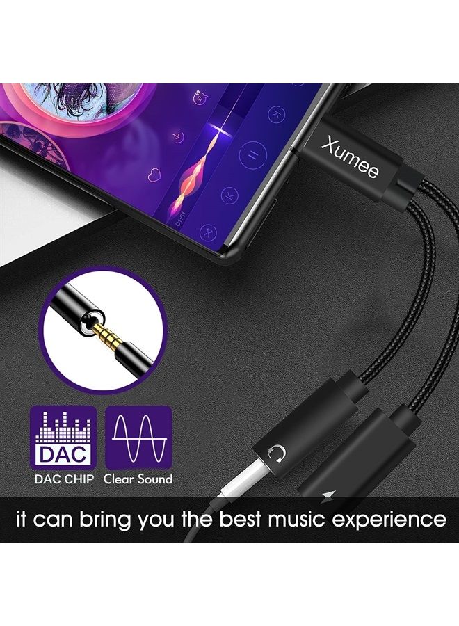 Xumee USB Type C to 3.5mm Headphone and charger adapter,2-in-1 USB C to Aux Audio jack Hi-Res DAC And Fast Charging Dongle Cable Cord Compatible with Pixel 4 3 XL, Galaxy S21 S20 S20+ Plus Note 20 (Black)