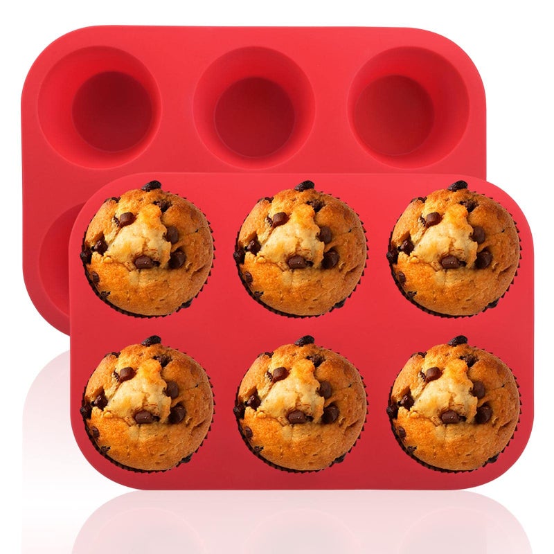2PCS Silicone Muffin and Cupcake Pan 6 Cup NonStick Mini Baking Molds Reusable Tin for Brownies 2 Trays Overlapped Red 945x65x157 Inch