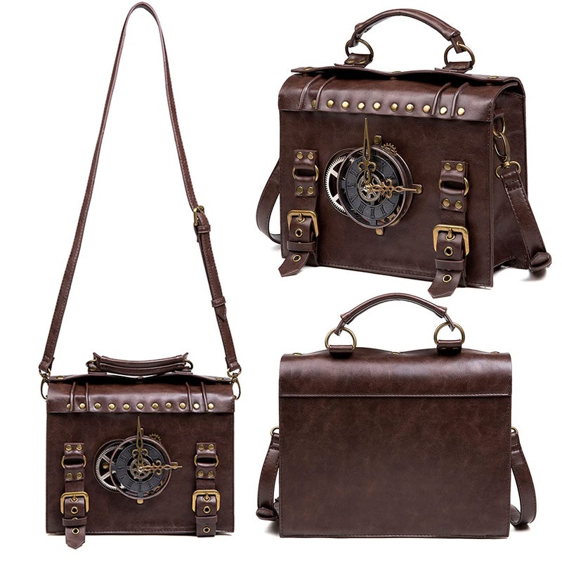 Valentoria Messenger Bag Leather Retro Briefcase Steampunk Crossbody Shoulder Purse Satchel for Women Lolita Gothic Medieval Renaissance Festival Costume Accessories (A-028)  - Image 3