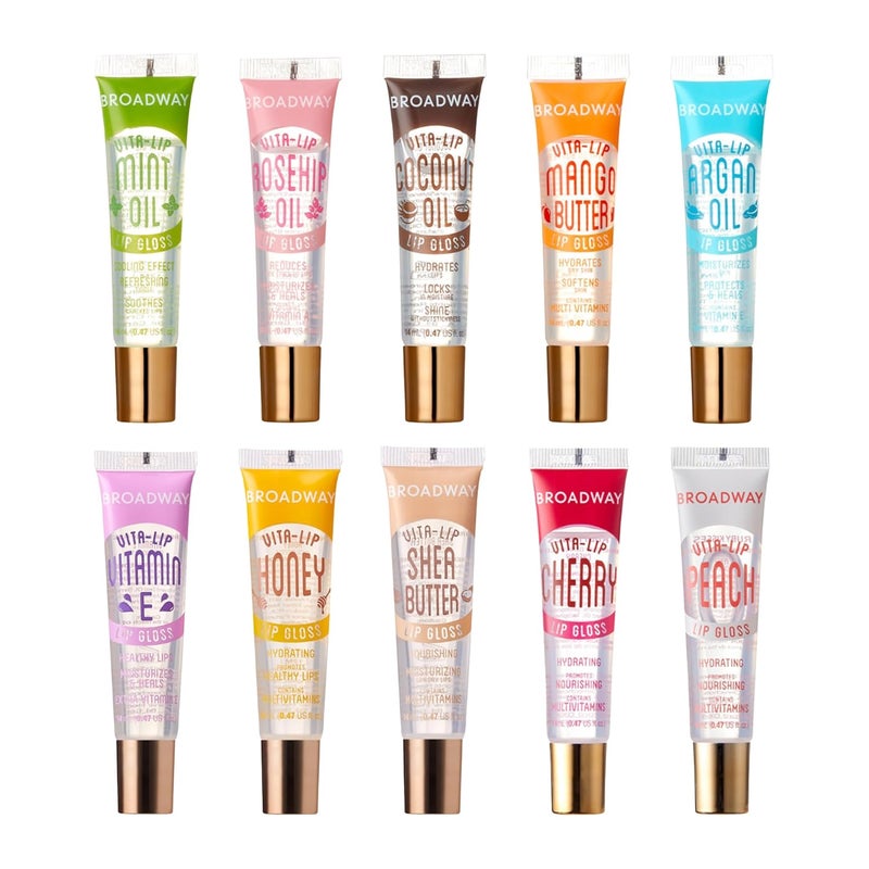 Ruby Kisses Broadway VitaLip Clear Lip Gloss 10 Pack Hydrating  Soothing Formula with Vitamin HighShine NonSticky Lip Balm with Mint Rosehip Coconut Mango Argan Honey Shea Cherry Peach