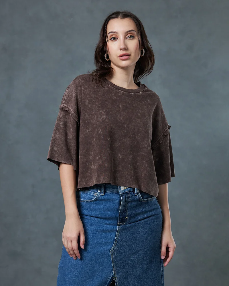 bewakoof Women's Brown Oversized Acid Wash Short Top