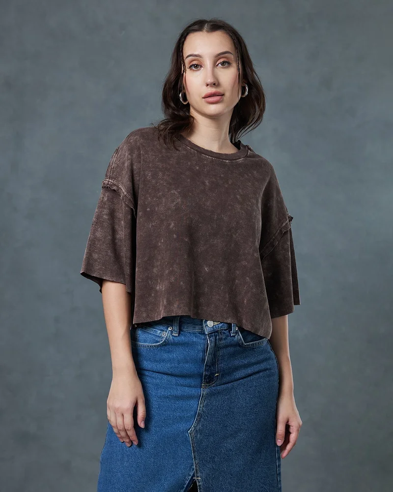 bewakoof Women's Brown Oversized Acid Wash Short Top