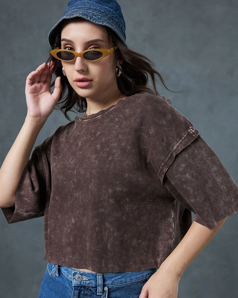 bewakoof Women's Brown Oversized Acid Wash Short Top