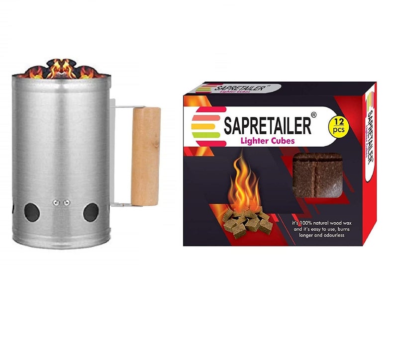 SAPRETAILER Combo BBQ Charcoal Chimney Starter and Fire Starter Blocks Lighter Cubes(12pcs) - Image 1