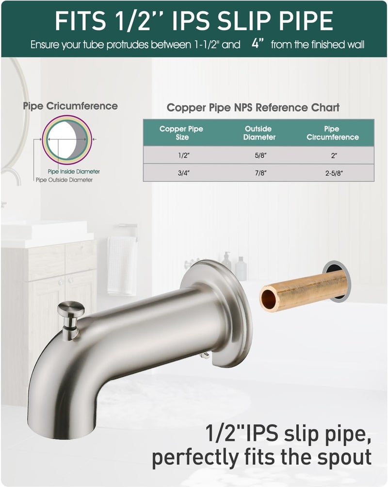 LOCALAND Slip-On Extra Long Tub Spout with Diverter, 1/2 Inch Slip Fit Connection,Brushed Nickel - Image 2
