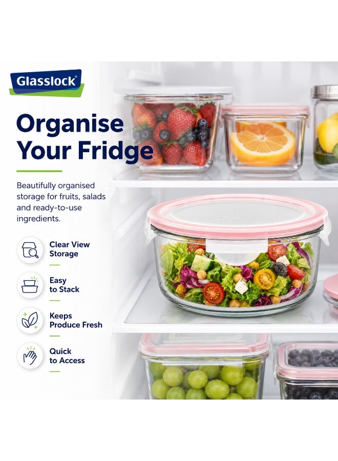 Glasslock Premium Glass Food Storage Container 2050ml Round Airtight BPA Free Locking Lid Microwave Freezer Dishwasher Safe Pink - Image 3