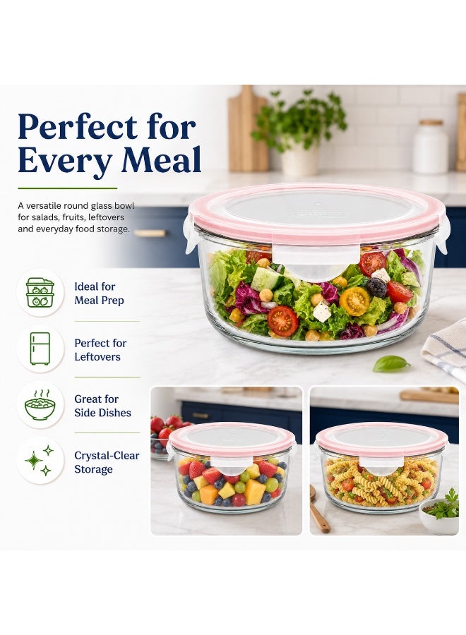 Glasslock Premium Glass Food Storage Container 2050ml Round Airtight BPA Free Locking Lid Microwave Freezer Dishwasher Safe Pink - Image 4