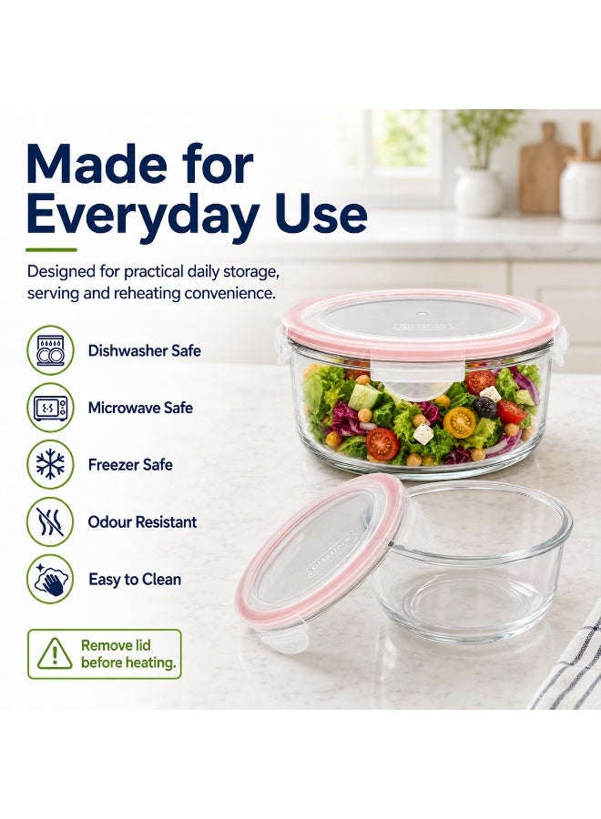 Glasslock Premium Glass Food Storage Container 2050ml Round Airtight BPA Free Locking Lid Microwave Freezer Dishwasher Safe Pink - Image 2