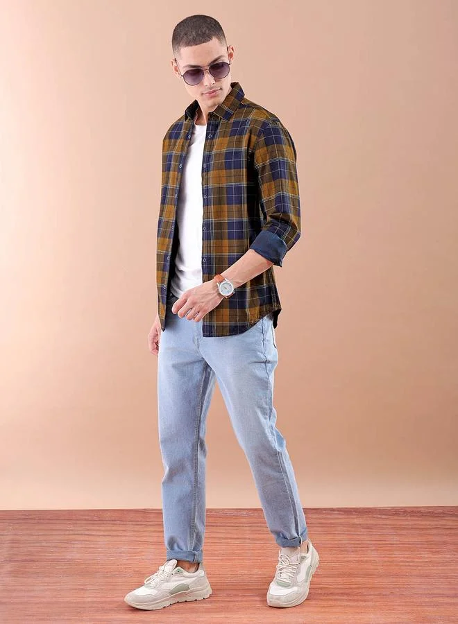 The Indian Garage Co Men Mustard Checked Casual Shirt